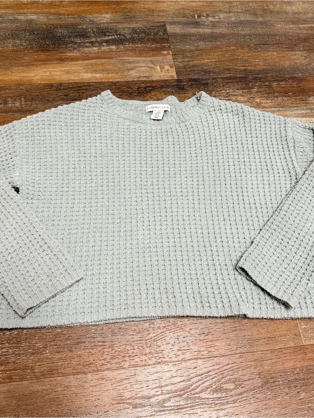 Sincerely Jules Sage Green Waffle-Knit Crewneck Sweater